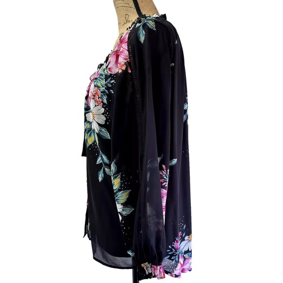 Yumi Kim Women’s Silk Blouse Sz S Black Pink Floral Print Tie Ruffled Neck - Picture 5 of 14